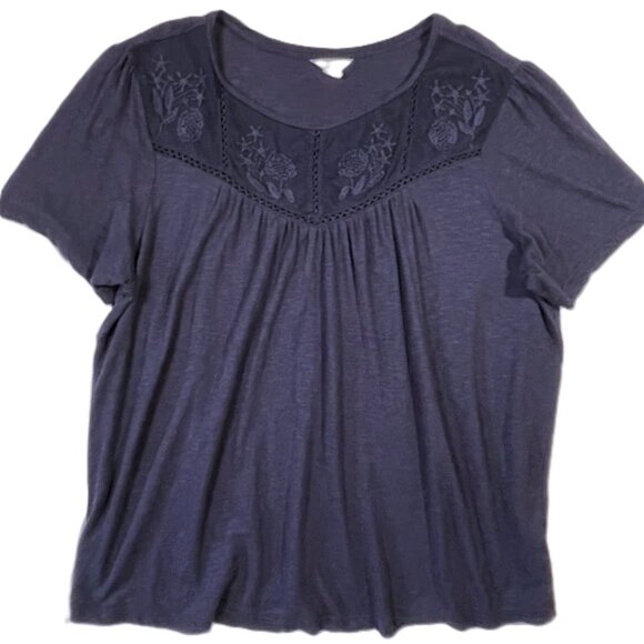 Caslon Embroidered Yoke Slub Jersey Knit Tee Navy Crew Neck Size XL - Picture 5 of 10